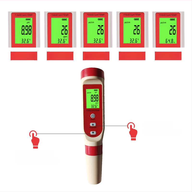 W4L Keturių funkcijų nešiojamas vandens kokybės analizatorius su pH (0.00–14.00), TDS (0–19990 ppm), EC (0–19990 μS/cm) ir temperatūra (0.1°C raiška, ±0.5°C) aukštos precizijos pH tester
