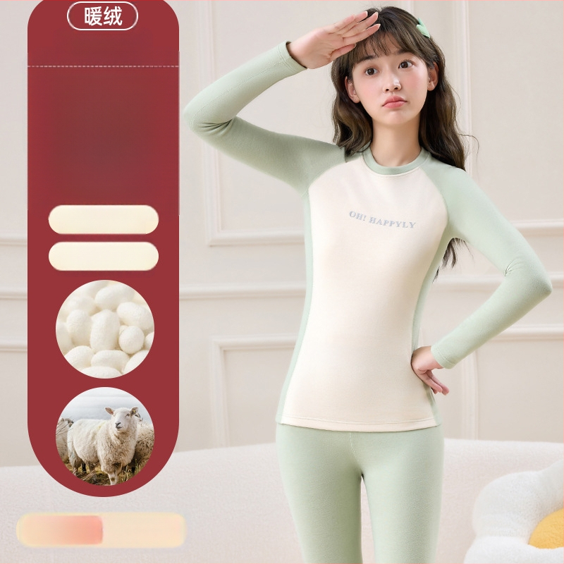 Vilnonis šiluminis komplektas paauglių mergaitėms — šildymas, anti-pilling, apvalus kaklas, ilgomis rankovėmis viršus ir kelnės, 13–18 metų