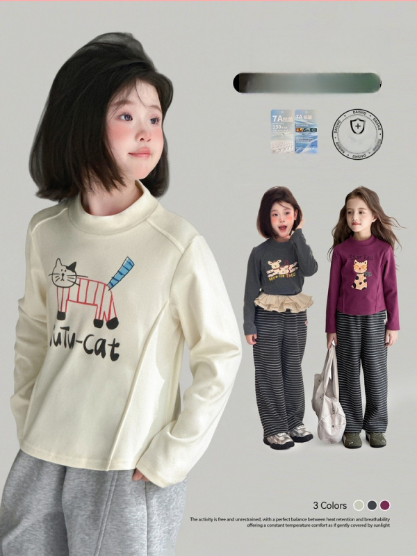 Laste T-särk pikkade varrukatega Korea stiilis ümmarguse kaelusega karikatuurtrükk, polüester 94,8%