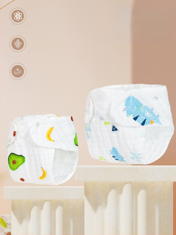 Mu Mu Bear medvilnės marlės sauskelnių kelnaitės su karikatūrų spauda, skalbiamos, tinkamos 9–18 kg