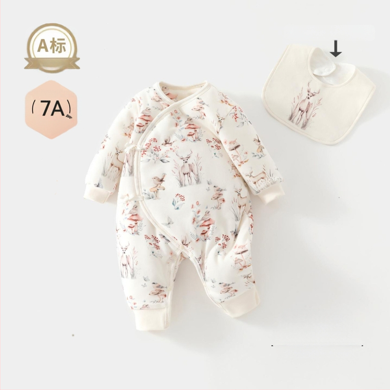 Vienos dalies kūdikio kombinezonas, 100% medvilnė, sojų pluošto užpildas, storas rudens–žiemos laikotarpiui, ilgos rankovės, be gobtuvo, užsegimas vienos eilės mygtukais