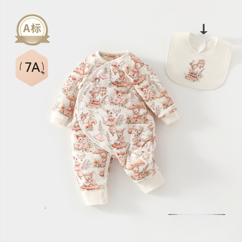 Vienos dalies kūdikio kombinezonas, 100% medvilnė, sojų pluošto užpildas, storas rudens–žiemos laikotarpiui, ilgos rankovės, be gobtuvo, užsegimas vienos eilės mygtukais