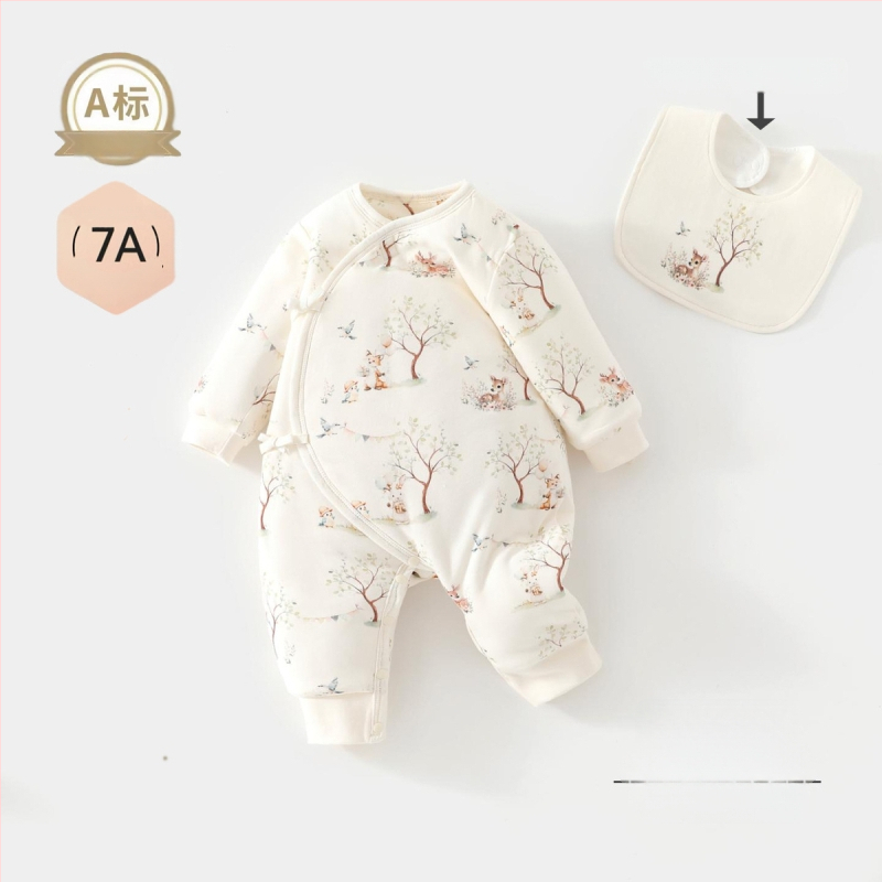 Vienos dalies kūdikio kombinezonas, 100% medvilnė, sojų pluošto užpildas, storas rudens–žiemos laikotarpiui, ilgos rankovės, be gobtuvo, užsegimas vienos eilės mygtukais