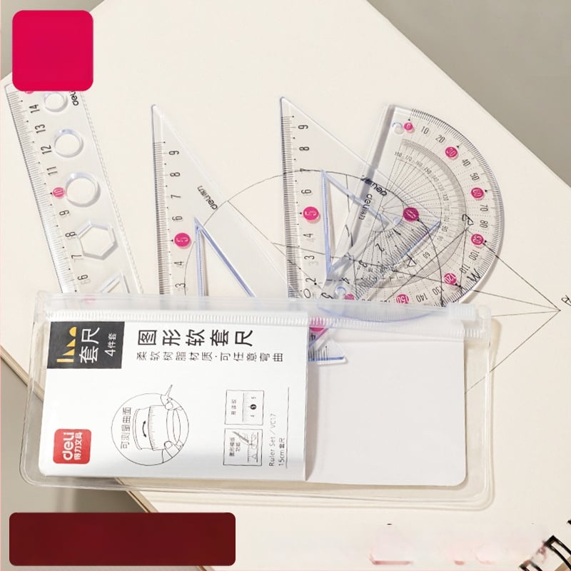 Deli minkšta liniuotė mokiniams, keturių dalių PVC rinkinys, modeliai VC17/VC18, su skale ir kampomatu