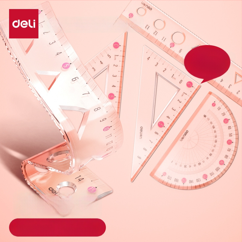 Deli minkšta liniuotė mokiniams, keturių dalių PVC rinkinys, modeliai VC17/VC18, su skale ir kampomatu