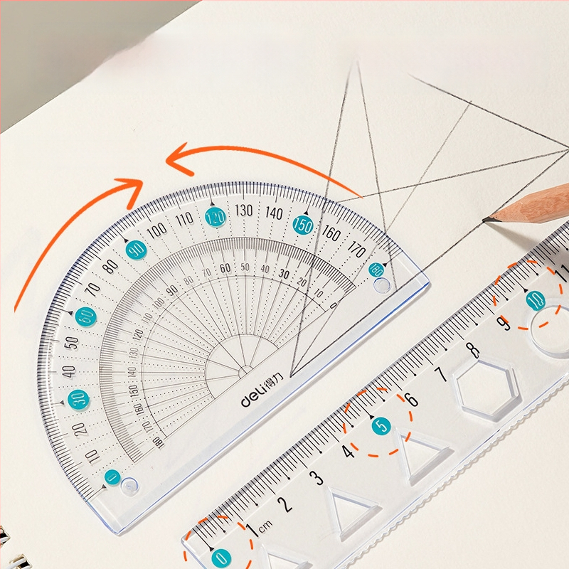 Deli minkšta liniuotė mokiniams, keturių dalių PVC rinkinys, modeliai VC17/VC18, su skale ir kampomatu