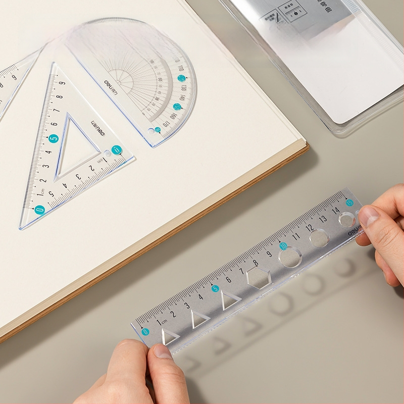 Deli minkšta liniuotė mokiniams, keturių dalių PVC rinkinys, modeliai VC17/VC18, su skale ir kampomatu