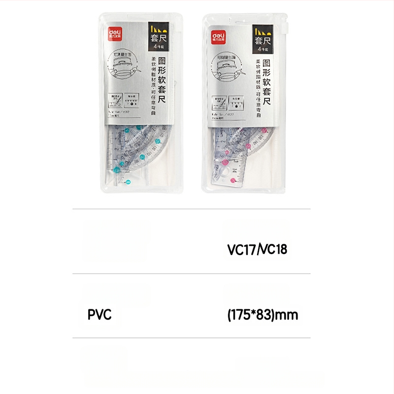 Deli minkšta liniuotė mokiniams, keturių dalių PVC rinkinys, modeliai VC17/VC18, su skale ir kampomatu