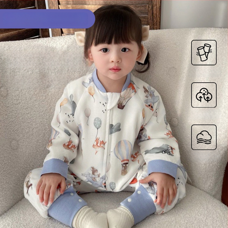 Kūdikių miegamojo užvalkalas su šešiais bambuso pluošto sluoksniais, viengabals pižamos dizainas su atskirtais kojomis, medvilnės mišinio audinys su medvilnės pluošto įlietu, karikatūrų raštas, dervos užtrauktukas