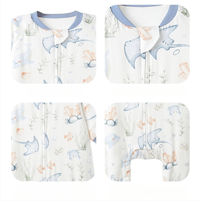 Kūdikių miegamojo užvalkalas su šešiais bambuso pluošto sluoksniais, viengabals pižamos dizainas su atskirtais kojomis, medvilnės mišinio audinys su medvilnės pluošto įlietu, karikatūrų raštas, dervos užtrauktukas