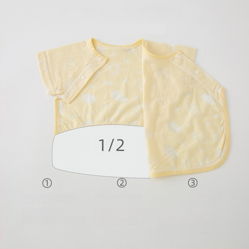 Monk stiliaus vasaros kūdikių viršūnė, trumpomis rankovėmis, apvaliu kaklu, 60% medvilnė, universalus, be gobtuvo