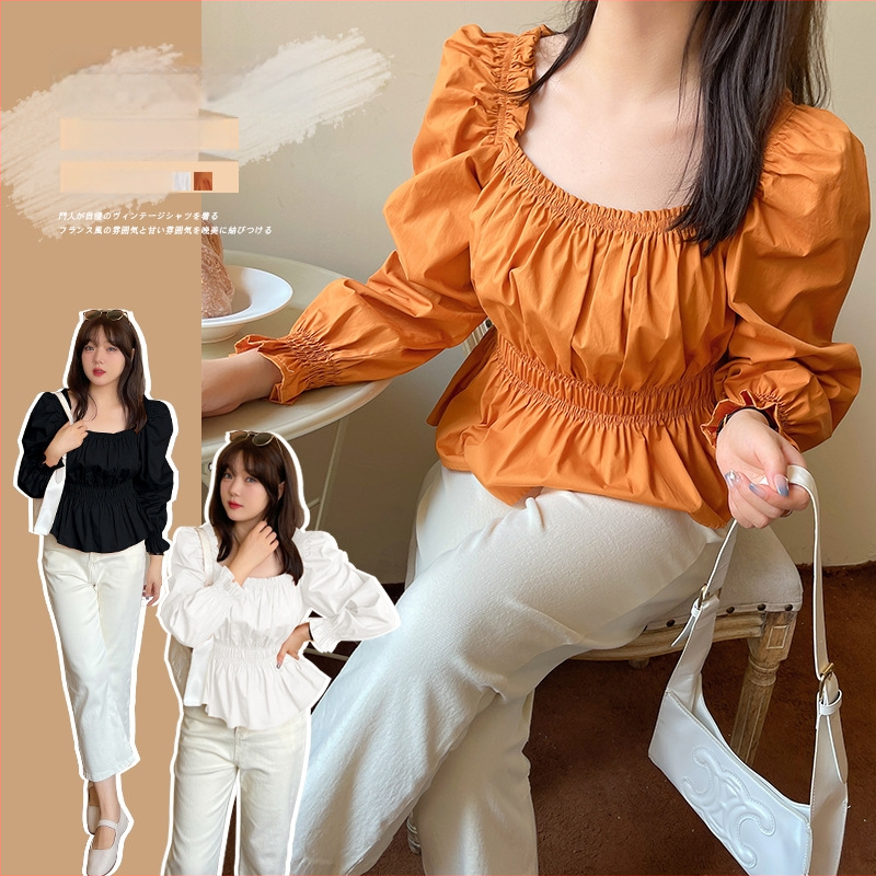 W901 krekls ar burbuļveida piedurknēm, kvadrātveida apkakle, 95% kokvilna+, austs audums, rudens 2024