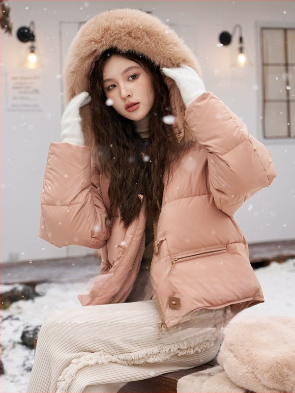 Dámsky oversized kabát z down s golierom z líšky, kapucňou, krátka dĺžka, hrubé vypĺňanie, kačací down