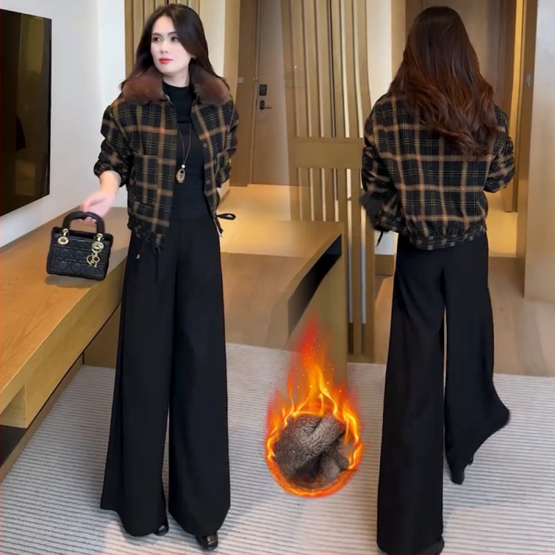 Női dzseki vastag fleece béléssel, kockás mintázat, poliészter anyag, szőrme gallér, hosszú ujjú