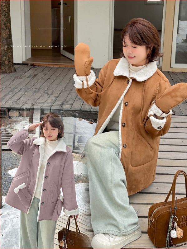 Sieviešu velūra jaka ar integrētu kažoku, ziemas 2025, garš siluets, apkakle, vienrindas pogu aizvēršana