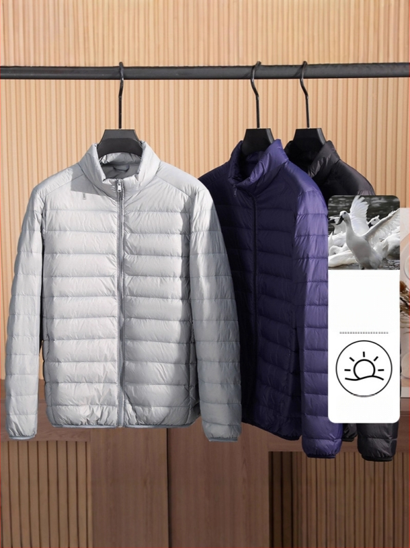 Pánska zimná ľahká bunda s kačacím downom, krátka, stojací golier, zips; obsah dole 86–90%, plniaca sila 550