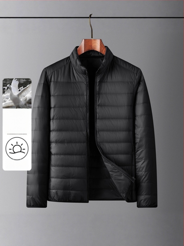 Pánska zimná ľahká bunda s kačacím downom, krátka, stojací golier, zips; obsah dole 86–90%, plniaca sila 550
