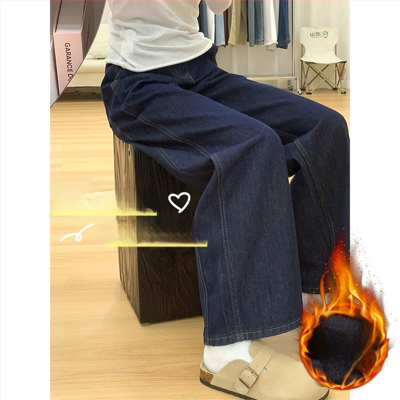 Denimové nohavice s širokými nohami, fleece podšité, vysoký pás, bavlnené zloženie, jeseň 2024