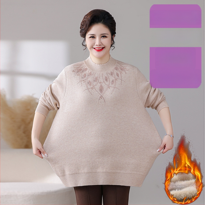 Moteriškas žieminis fliso megztinis su laisva kirpimo forma, ilgos rankovės, pusiau aukšta apykaklė, vidutinio ilgio, siuvinėjimas; TR audinys, PVC <=30%, poliesteris <=30%