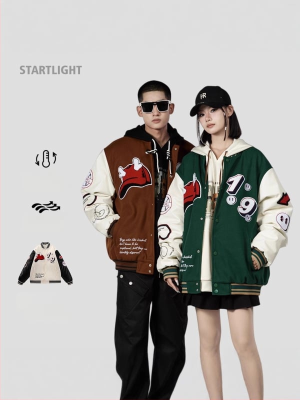 Meeste villane beisbolimantel pakse isoleerimisega, stand-up krae, ühe riviga sulgumine, džakardõmblus ja applikaatsioon