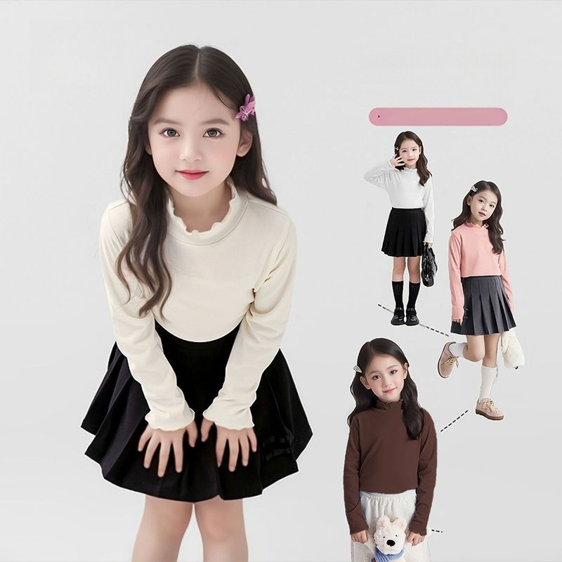 Vaikų terminis bazinis marškinėlis mergaitėms su raukšlėmis kraštuose ir aukštu kaklu, 95% poliesteris, minkšta apdaila, pavasario ir rudens sezonui, amžius 3–8 metų.