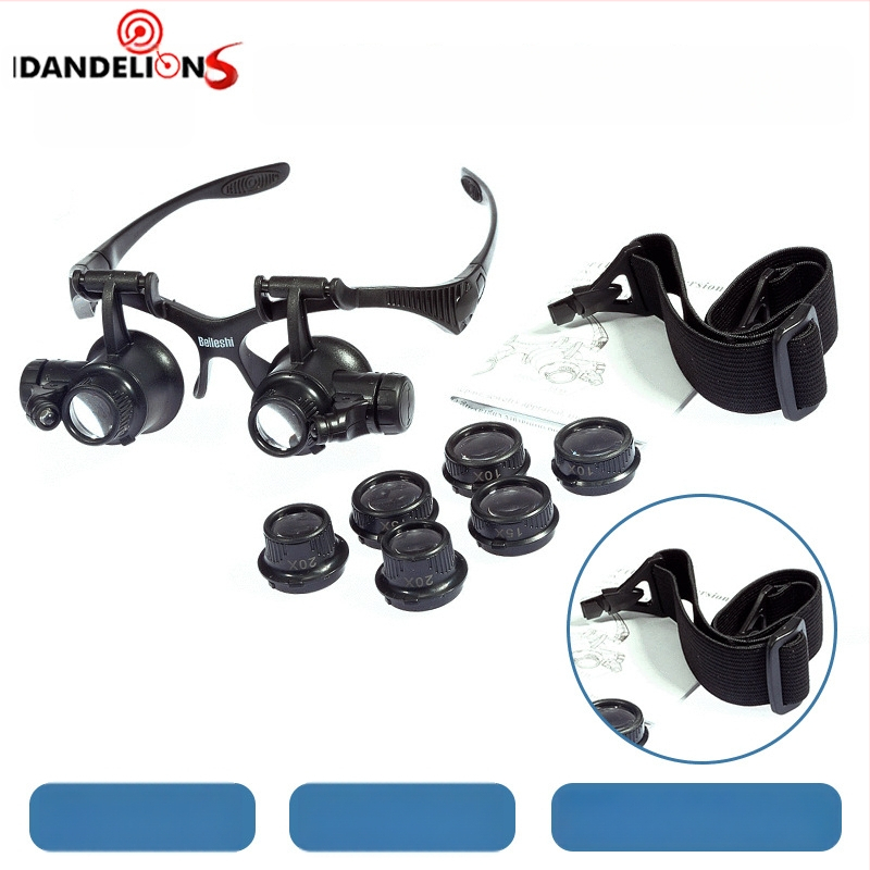 Beileshi galvos uždedama didinamoji lupa su LED apšvietimu laikrodžių remontui, 4 lęšių komplektai