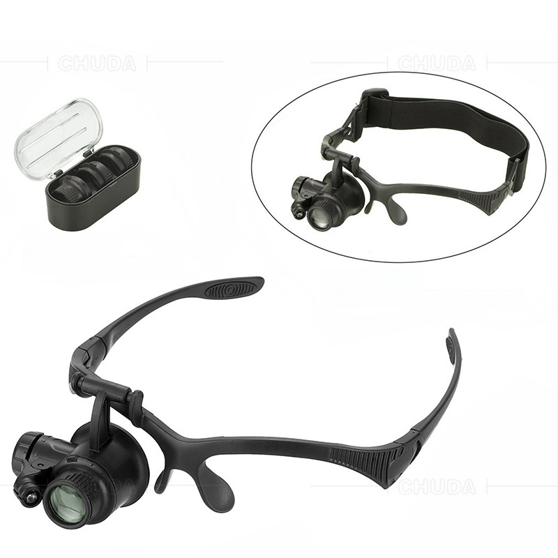 Galvos užsidėjimo didinamoji lęšio su LED apšvietimu, keičiamas galvos dirželis ir lęšiai, didinimas 10x–25x, plastiko korpusas su akriliniais lęšiais, modelis 9892F