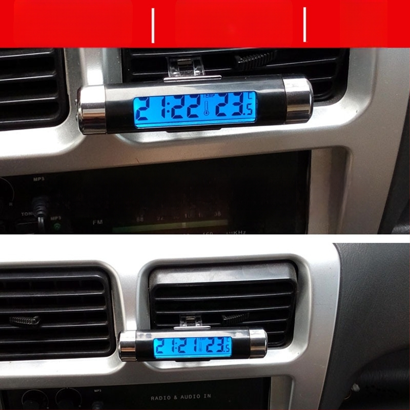 Automobilio elektroninis laikrodis su temperatūros ir drėgmės matuokliu, su šviesą išskiriančiu LCD ekranu ir reguliuojamu kampu