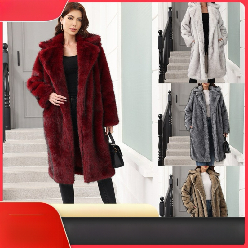 Ilgas dirbtinės kailio paltas moterims, vakarietiško miesto stilius, su kostiumo apykakle, ruduo 2025