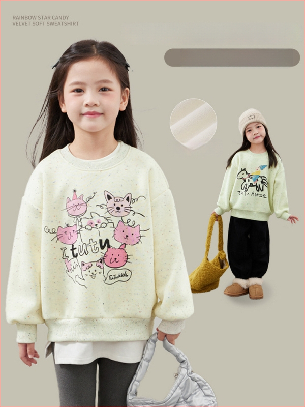 Vaikiškas medvilninis džemperis su fliso viduje, storas, su apvaliu kaklu, ilgomis rankovėmis, Cartoon raidžių raštas, 3-8 metų amžiaus, žiema ir ruduo.