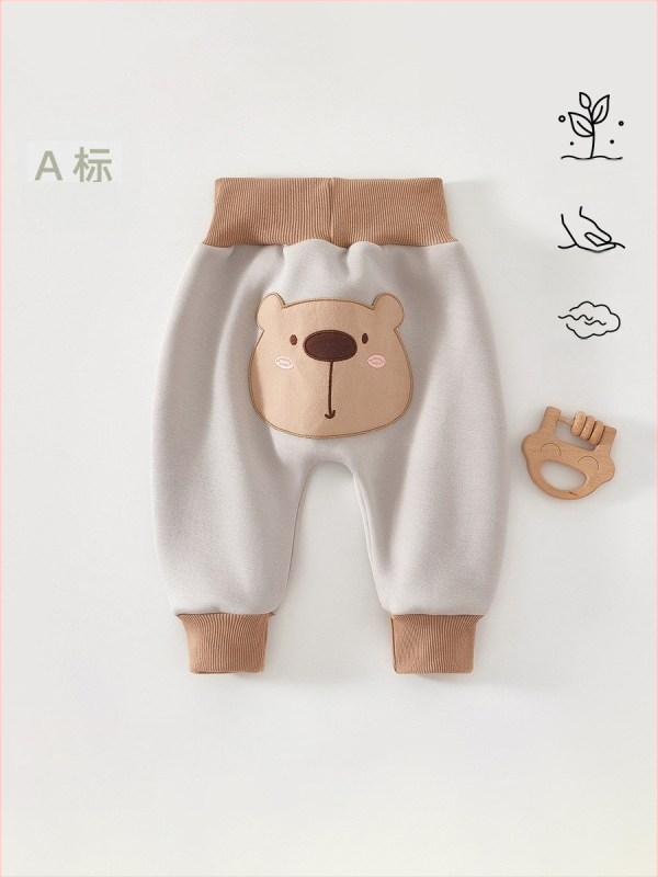 Flisuotos medvilnės miego kelnaitės vaikams su aukštu liemeniu pilvo apsaugai, vidinis flisas, 94% medvilnė + 6% elastanas, pavasaris-ruduo, amžius 1–3 metai
