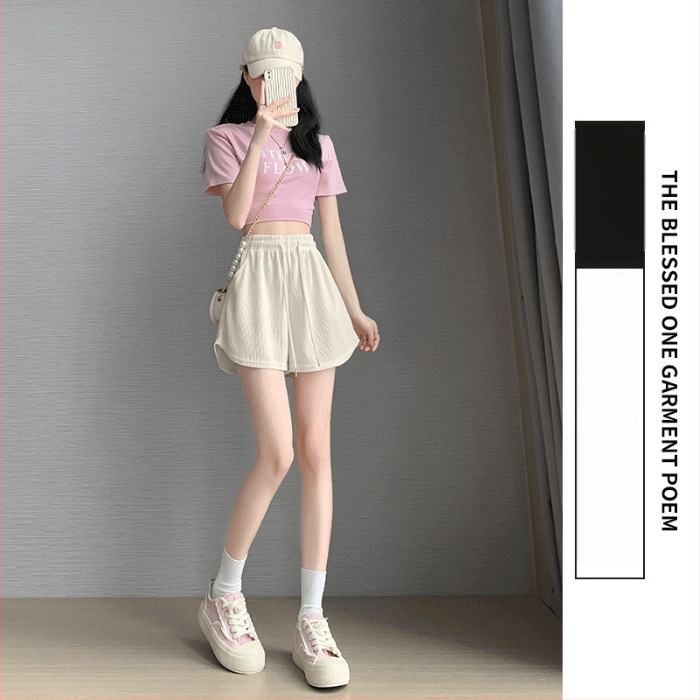 Sieviešu Ice Silk šorti - augsta josta, korejiešu stils, taisa piegriezuma, Ice Silk audums, kokvilnas elastāna maisījums