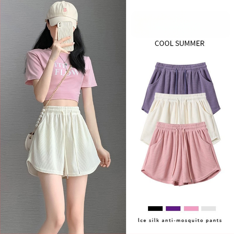 Sieviešu Ice Silk šorti - augsta josta, korejiešu stils, taisa piegriezuma, Ice Silk audums, kokvilnas elastāna maisījums
