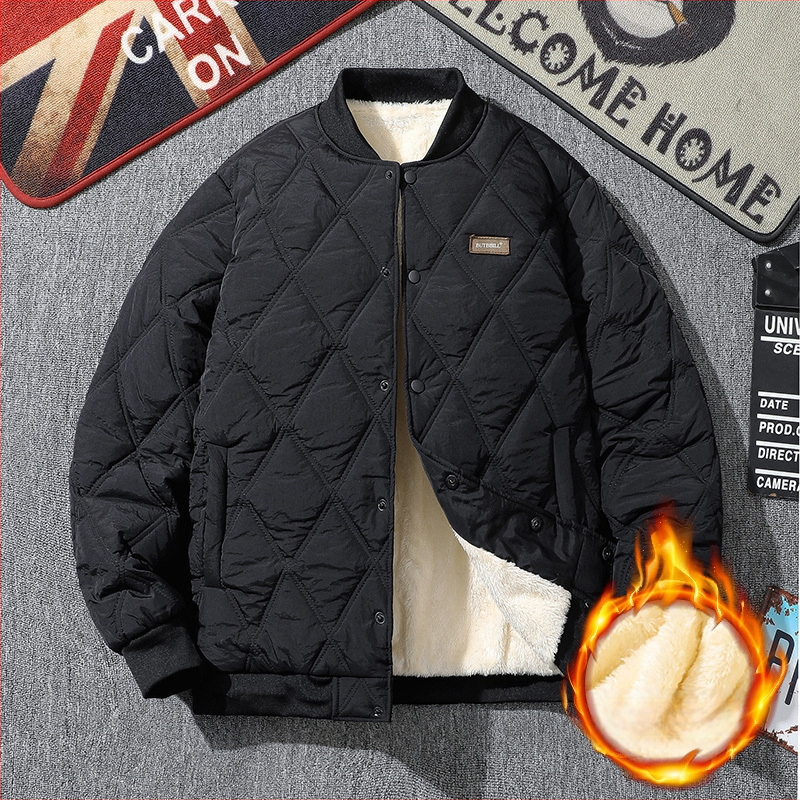 Pánska zimná prešívaná bunda, voľný strih, výplň z imitácie hodvábu a bavlny, fleecová podšívka, bez kapucne