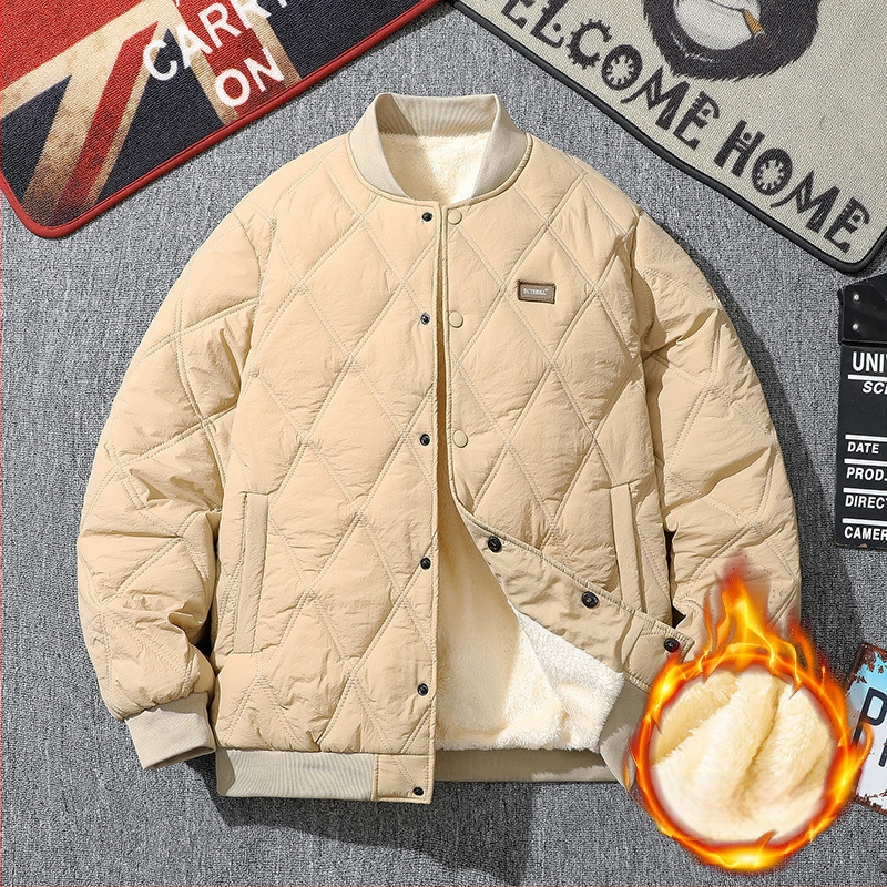 Pánska zimná prešívaná bunda, voľný strih, výplň z imitácie hodvábu a bavlny, fleecová podšívka, bez kapucne