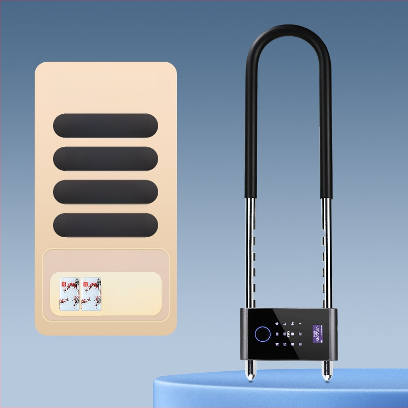 U‑formas elektroniskā slēdzene stikla durvīm ar pirksta nospiedumu, paroli un atslēgu — Pēdu nospiedumu glabāšana: 100; Atvērumi: >100000; Skenera laiks: <0,3 s; Viltīga atpazīšana: <0,15%; Strāvas padeve: DC