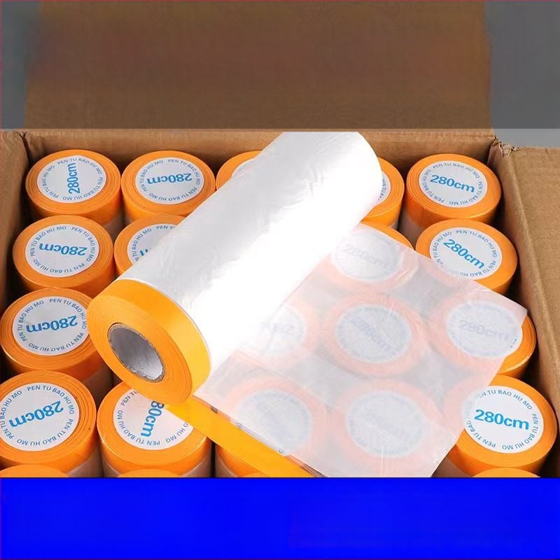 Zaštitni maskirajući film za prskanje boja s PE folijom i japanskim papirom; zaštita od prašine za automobile i namještaj. Širina 55–450 cm, duljina 6,5–20 m, prozirnost 80%, jaka adhezija.