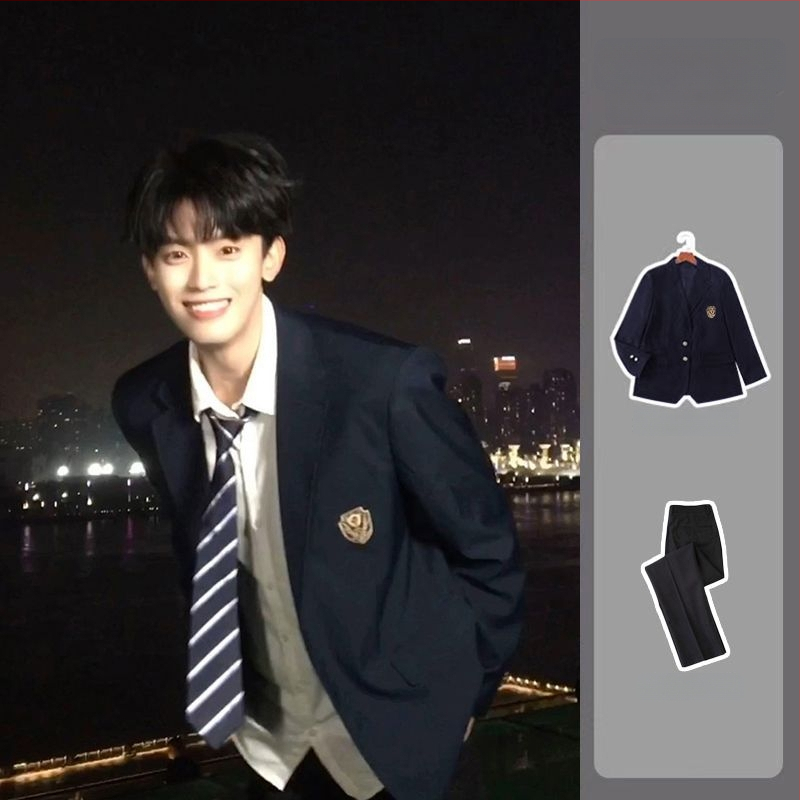 Jaapani stiilis meeste kooliülikond, kahe nupuga plaks, Notch lapel, kitsas lõige, polüesterkiudude segu, kevad 2025