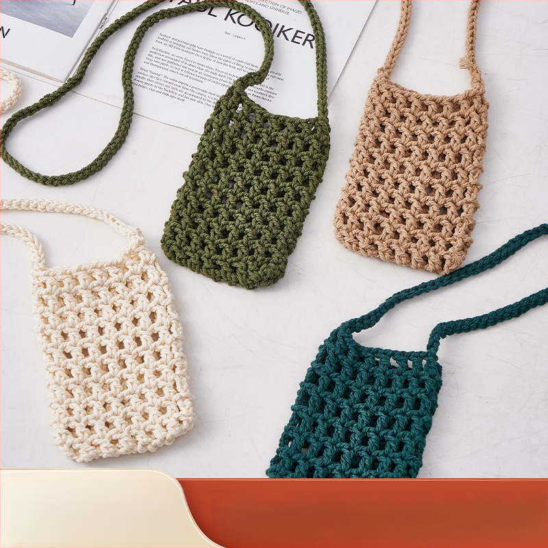 Rankų darbo medvilnės virvės telefono rankinė — atvira viršuje, vertikalus kvadrato formos dizainas, unisex, Hao Kun