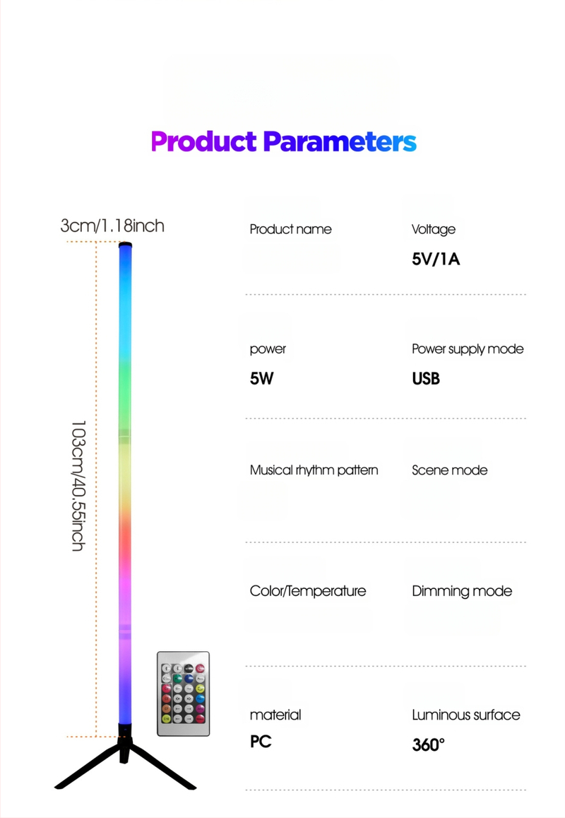 LED grindų lempa, reguliuojamas aukštis, PC+PP korpusas, apšvietimo zona 5–10 m², nuotolinis valdymas