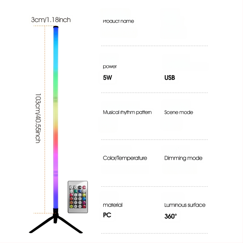LED grindų lempa, reguliuojamas aukštis, PC+PP korpusas, apšvietimo zona 5–10 m², nuotolinis valdymas