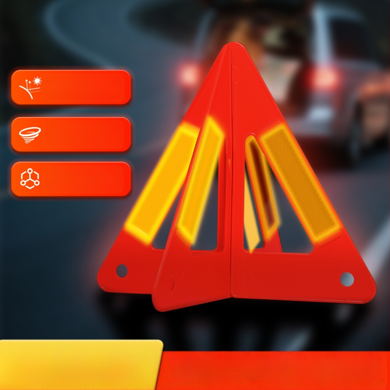 Sulankstomas automobilio trikampio įspėjamojo ženklo su ilgo nuotolio atspindinčia šviesa – avarinėms situacijoms ir skubiam parkavimui, ABS medžiaga, komplektas metinei patikrai