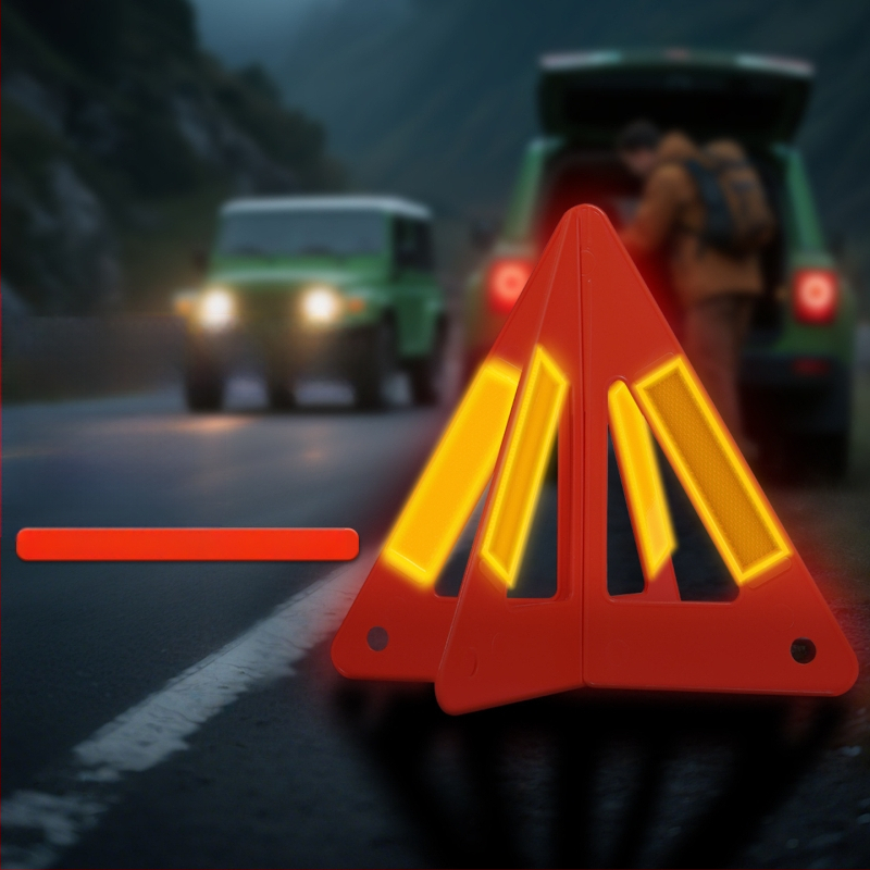 Sulankstomas automobilio trikampio įspėjamojo ženklo su ilgo nuotolio atspindinčia šviesa – avarinėms situacijoms ir skubiam parkavimui, ABS medžiaga, komplektas metinei patikrai