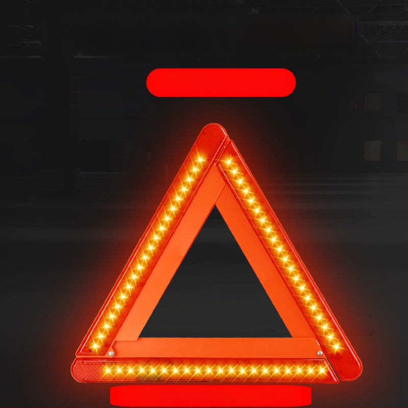 LED apšviestas trikampio įspėjimo ženklas automobiliui su atrama, medžiaga: benzenas + geležis, maitinimas baterijomis (3×5 baterijų)