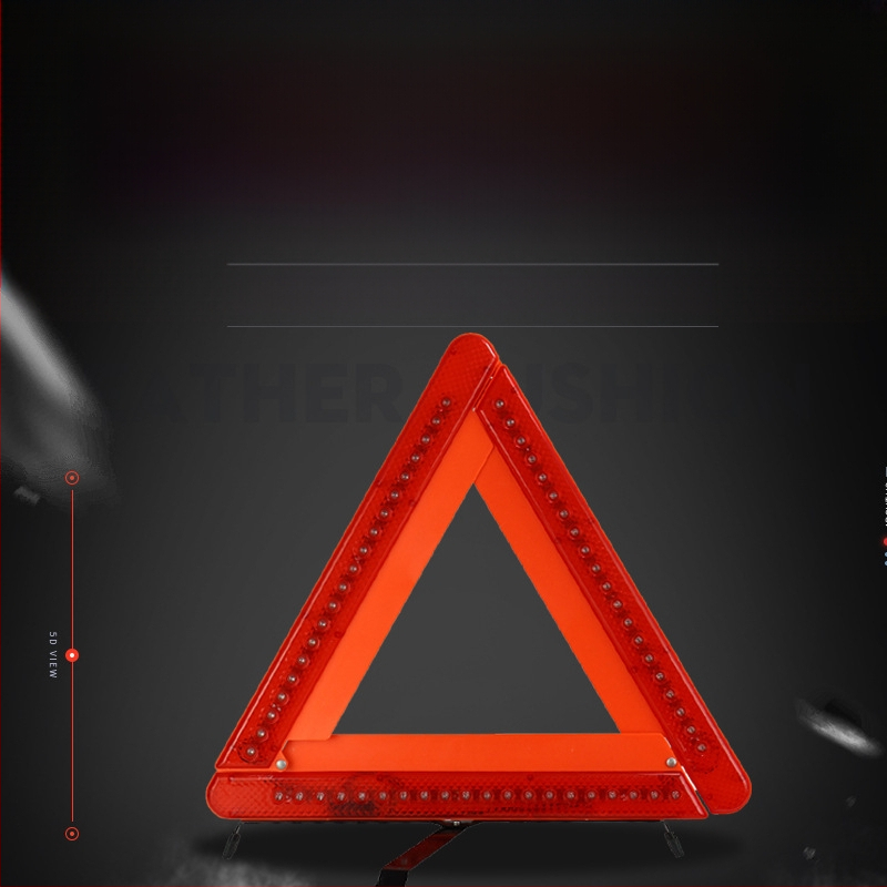 LED apšviestas trikampio įspėjimo ženklas automobiliui su atrama, medžiaga: benzenas + geležis, maitinimas baterijomis (3×5 baterijų)