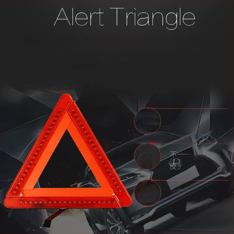 LED apšviestas trikampio įspėjimo ženklas automobiliui su atrama, medžiaga: benzenas + geležis, maitinimas baterijomis (3×5 baterijų)
