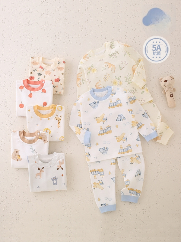 Laste 100% puuvillane pikkade kätega ööriietekomplekt, unisex, klassi A, antibakteriaalne, õmblusteta ümmarguse kaelusega