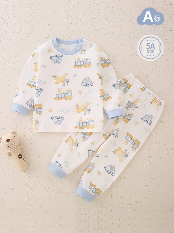 Laste 100% puuvillane pikkade kätega ööriietekomplekt, unisex, klassi A, antibakteriaalne, õmblusteta ümmarguse kaelusega