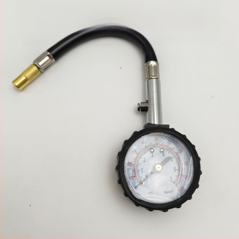 Mehaaniline auto rehvi rõhu mõõtja pikema voolikuga ja deflatsiooni funktsiooniga, 100 PSI ulatus, mudel YW-048, kaasaskantav ja universaalne