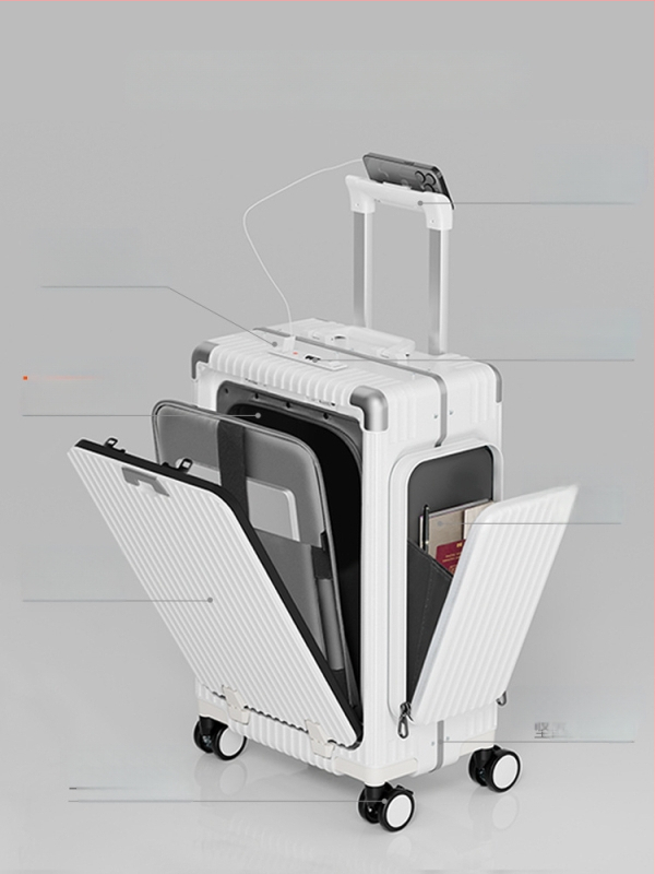 Triju nodalījumu priekšējā atvēruma koferis, PC materiāls, TSA kombinācijas slēdzene, universālie riteņi, svars 5 kg